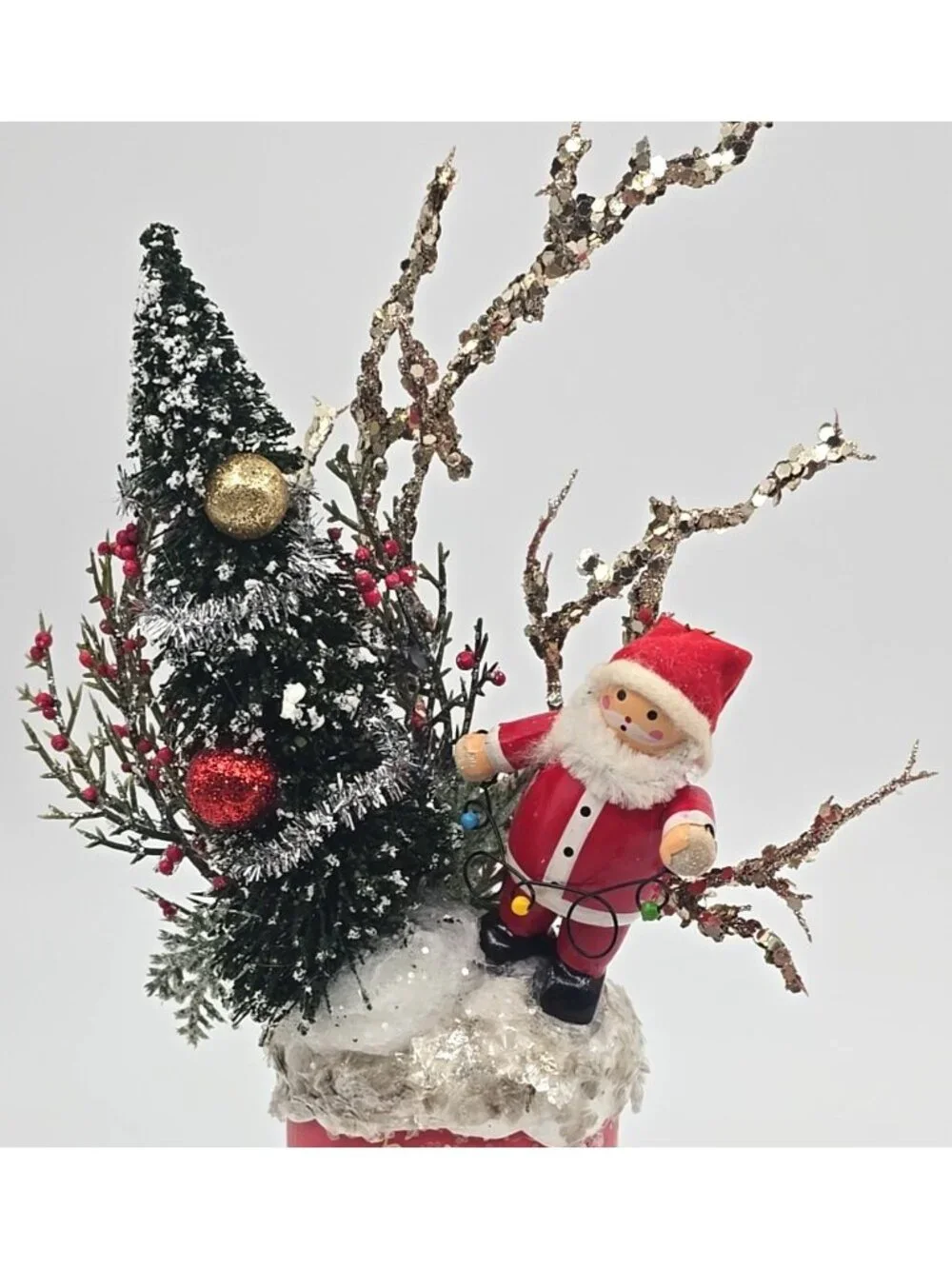 OOAK Christmas Assemblage Art Vtg Kitschy Bottle Brush Tree Wooden Santa Mica